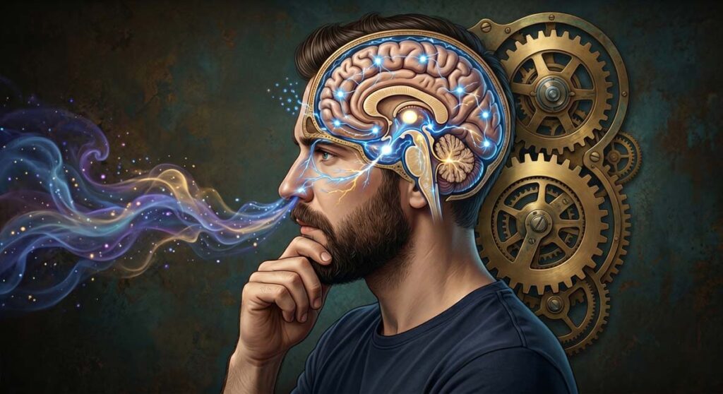 Psychologia zapachu – ilustracja przedstawiająca neurony węchowe omijające logiczne tryby mózgu i uderzające bezpośrednio w ośrodek emocji.